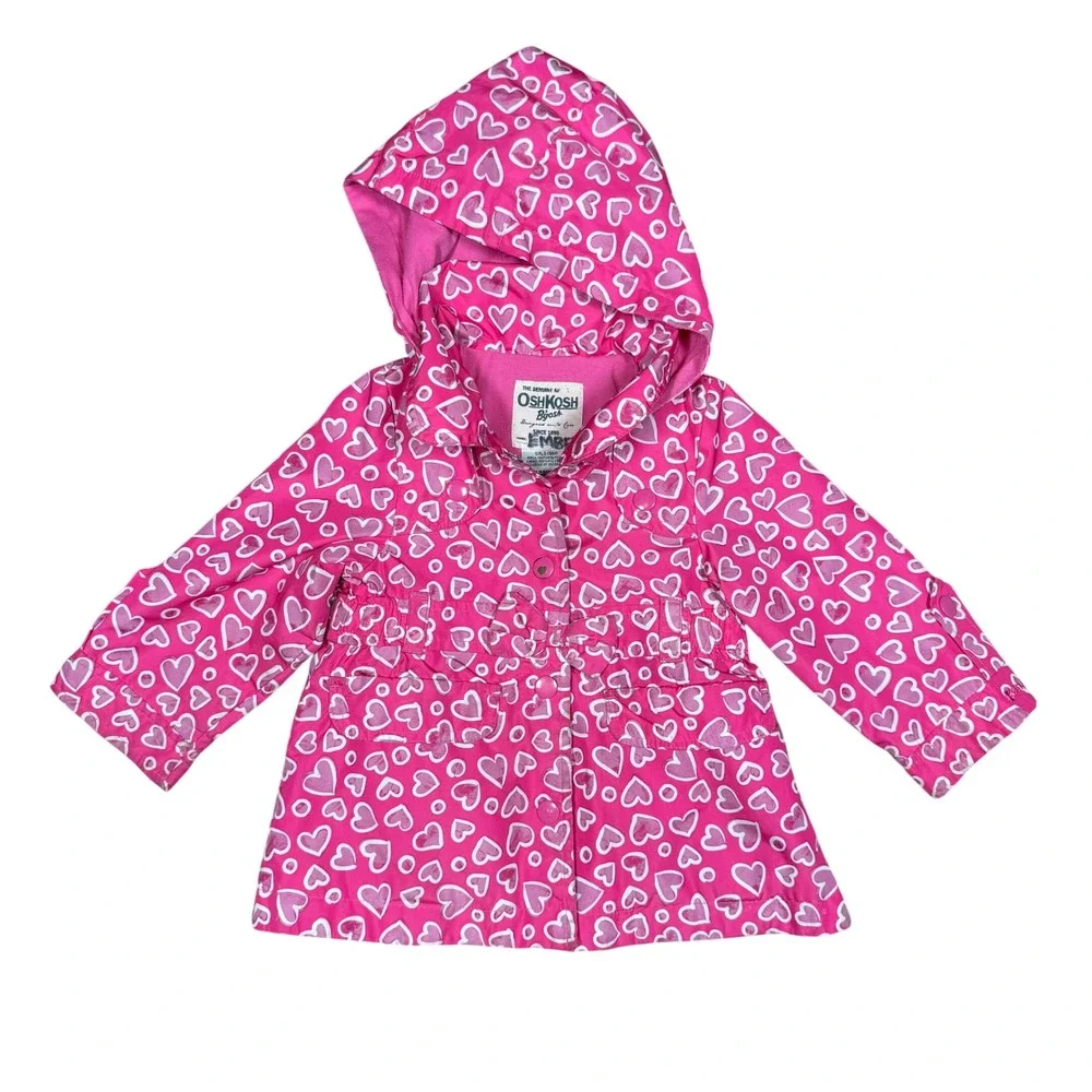 Vintage OshKosh Bgosh Pink Heart Print Hooded Rain Jacket 18mo